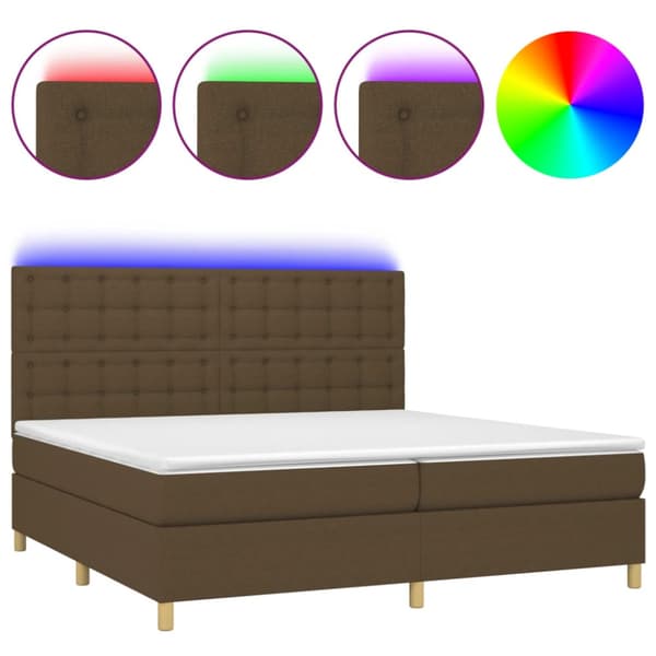 Ramsäng med madrass & LED mörkbrun 200x200 cm tyg