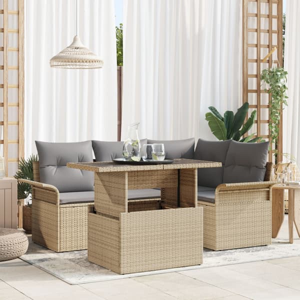 Trädgårdsoffset med kudde 5 pcs Beige Poly rattan