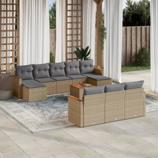Loungegrupp för trädgården m. dynor 11 delar beige konstrotting