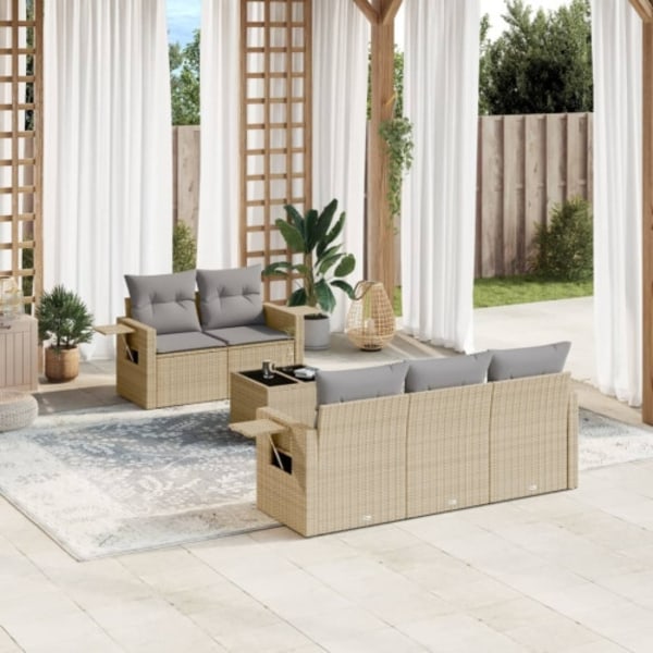 Soffgrupp för trädgården med dynor 6 delar beige konstrotting