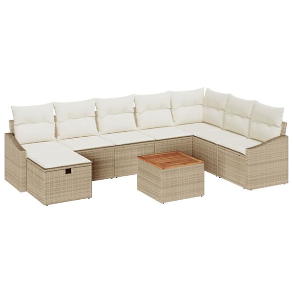 Trädgårdsoffset med kudde med lagring 9 pcs Beige Poly rattan