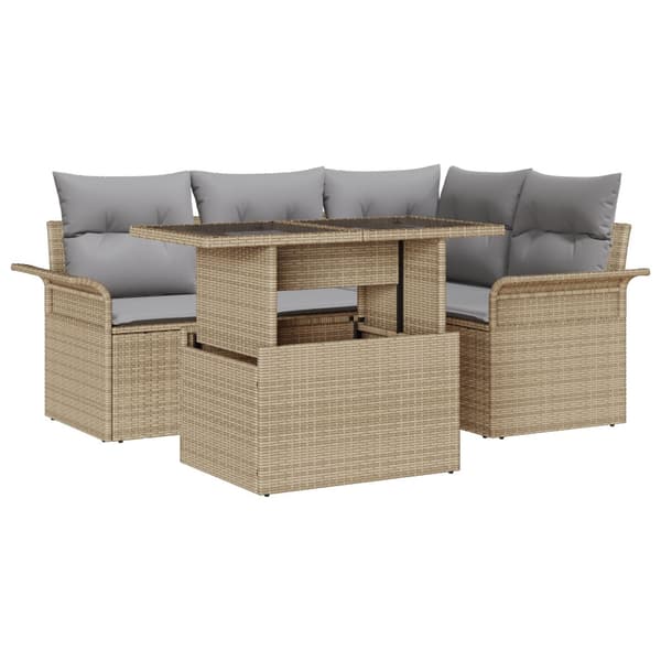 Trädgårdsoffset med kudde med lagring 5 pcs Beige Poly rattan