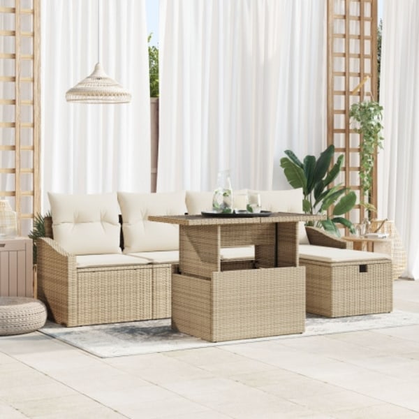 6-delat trädgårdsoff set med kuddar Beige Poly Rotting