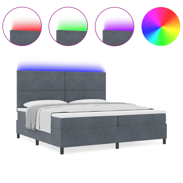 LED Box Säng med huvudgavel Mörkgrå 200 x 200 cm Sammet