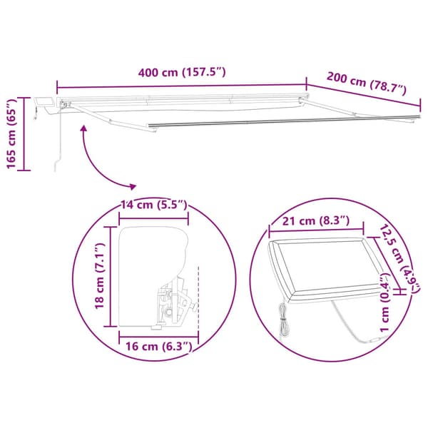 Manuell markisram med LED-lampor Antracit 4 x 2 m