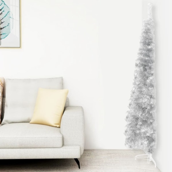 Smal halv plastgran med stativ silver 210 cm