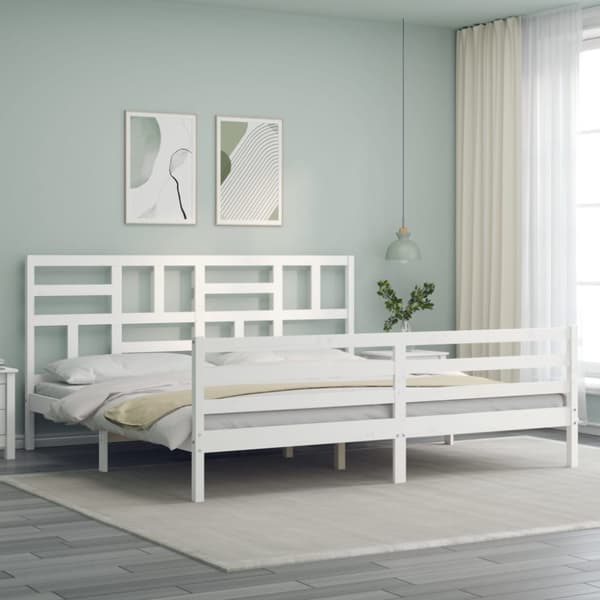 Sängram med huvudgavel vit 200x200 cm massivt trä