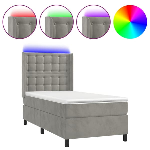 Ramsäng med madrass & LED ljusgrå 90x200 cm sammet
