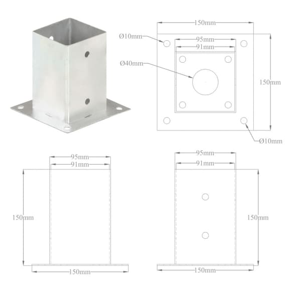 Stolpfot 4 st galvaniserad metall 91 mm