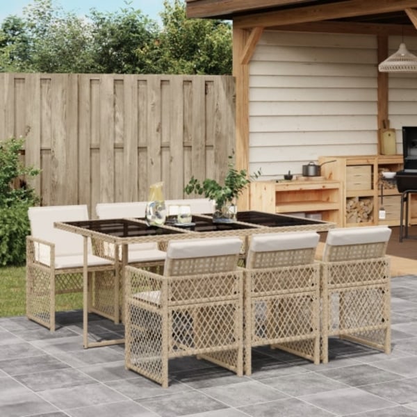 Matgrupp för trädgården med dynor 7 delar beige konstrotting
