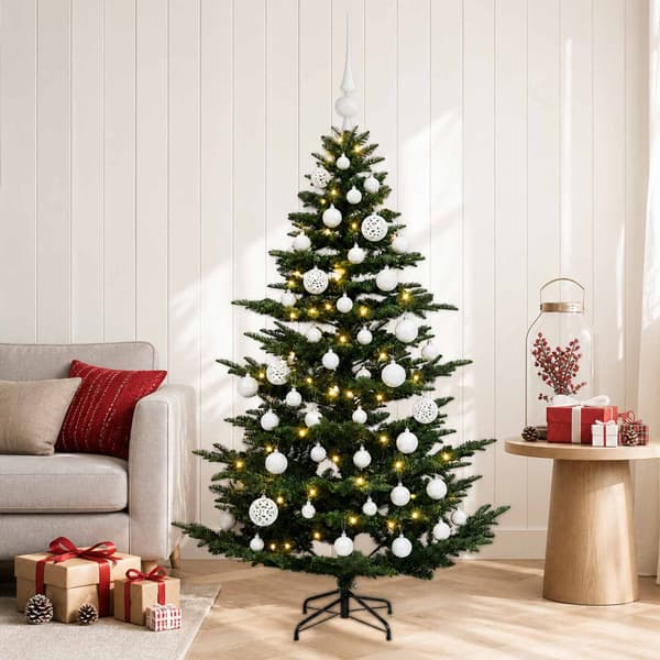 Konstgjord julgran med julkulor 150 cm 150 LED-lampor Varmvit