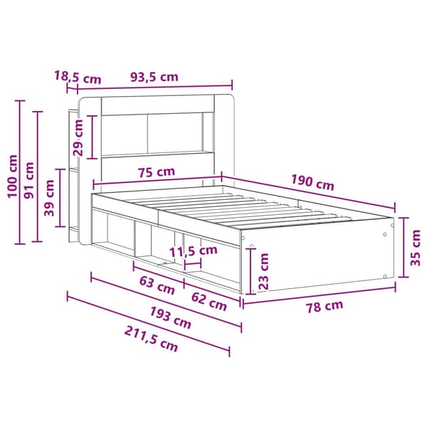 Sängram med förvaring Vit 75 x 190 cm Konstruerat trä