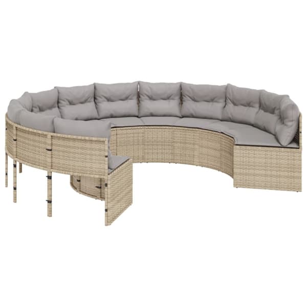 Trädgårdssoffa med bord och dynor rund beige konstrotting