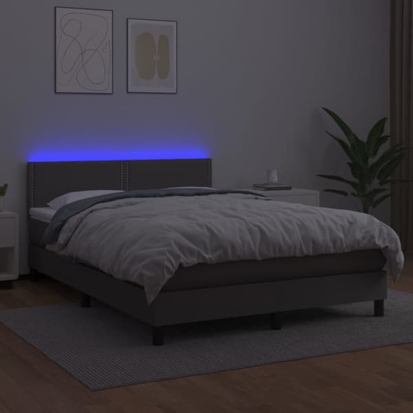Ramsäng med madrass & LED grå 140x200 cm konstläder