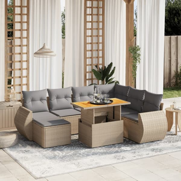 Matgrupp för trädgården med dynor 8 delar beige konstrotting
