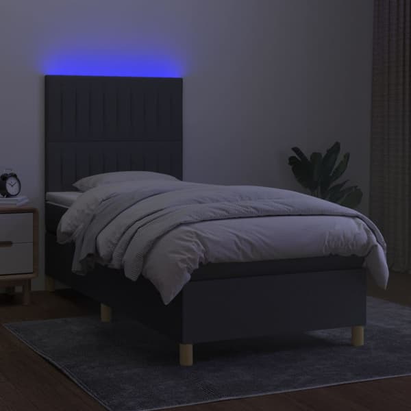 Ramsäng med madrass & LED mörkgrå 90x200 cm tyg