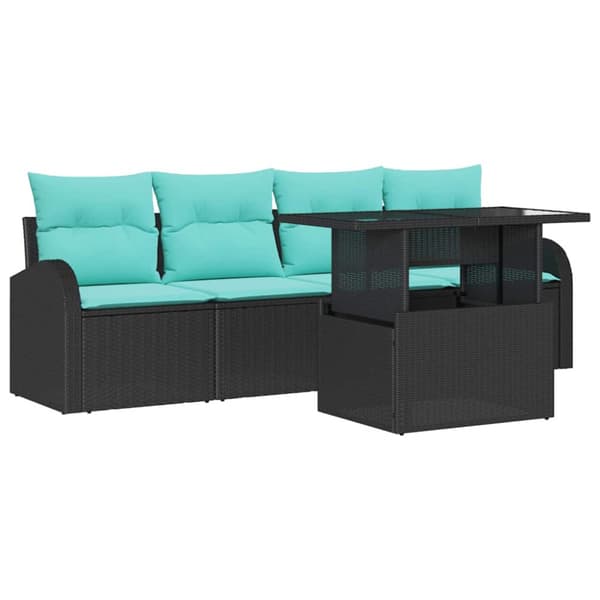 Trädgårdsoffset med kudde med kudde 5 pcs Svart Poly Rattan