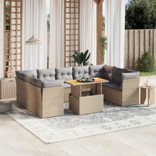 Soffgrupp för trädgård med dynor 10 delar beige konstrotting