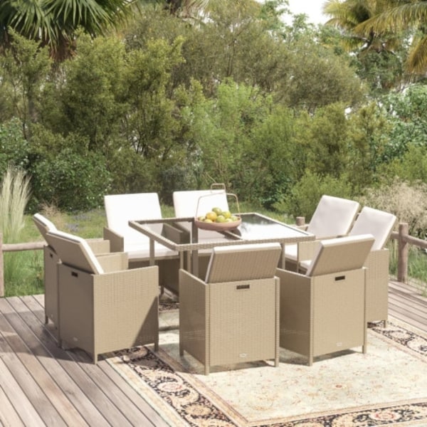 Matgrupp för trädgården med dynor 9 delar konstrotting beige
