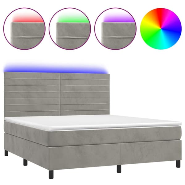 Ramsäng med madrass & LED ljusgrå 160x200 cm sammet