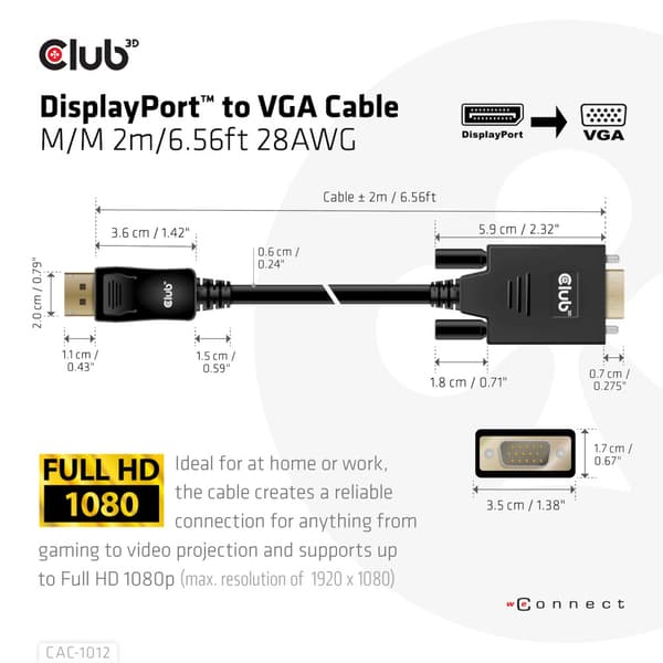 Club 3D - videoadapterkabel - DisplayPort till HD-15 (VGA) - 2 m