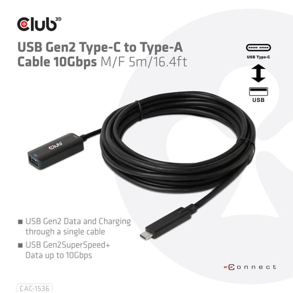 Club 3D - USB typ C-förlängningskabel - USB-C till USB typ A - 5 m