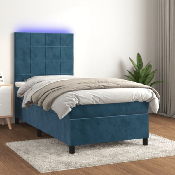 Ramsäng med madrass & LED mörkblå 90x200 cm sammet