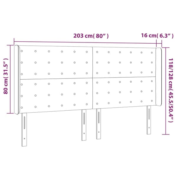 Sänggavel LED ljusgrå 203x16x118/128 cm sammet