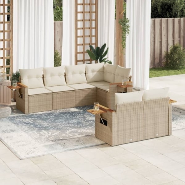Matgrupp för trädgården med dynor 7 delar beige konstrotting