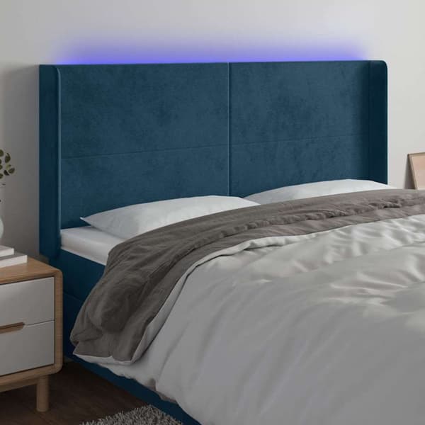 Sänggavel LED blå 163x16x118/128 cm sammet