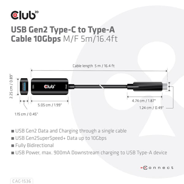 Club 3D - USB typ C-förlängningskabel - USB-C till USB typ A - 5 m