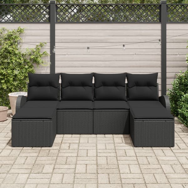 Trädgårdsoffset med kudde 6 pcs Svart Poly Rattan
