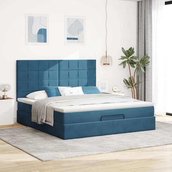 Ottoman sängram med madrasser mörkblå 180x200 cm sammet