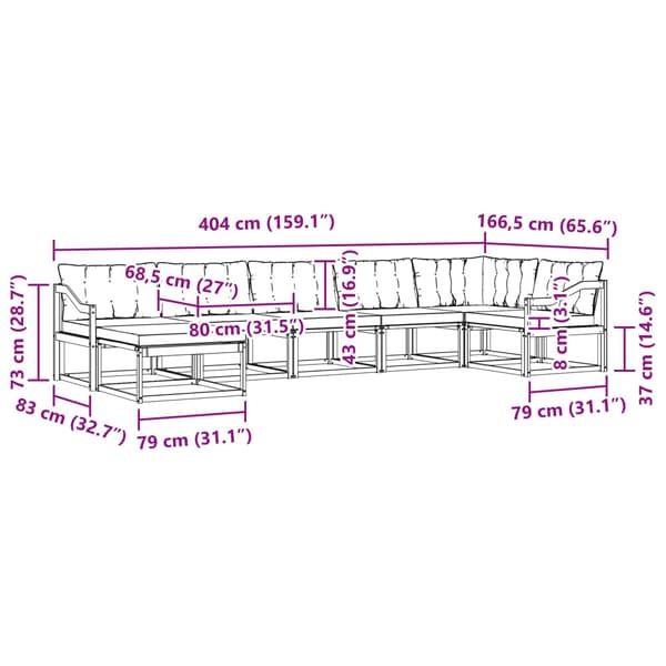 Utomhussoffset 7 pcs Vit och ljusgrå 404 x 166,5 x 73 cm