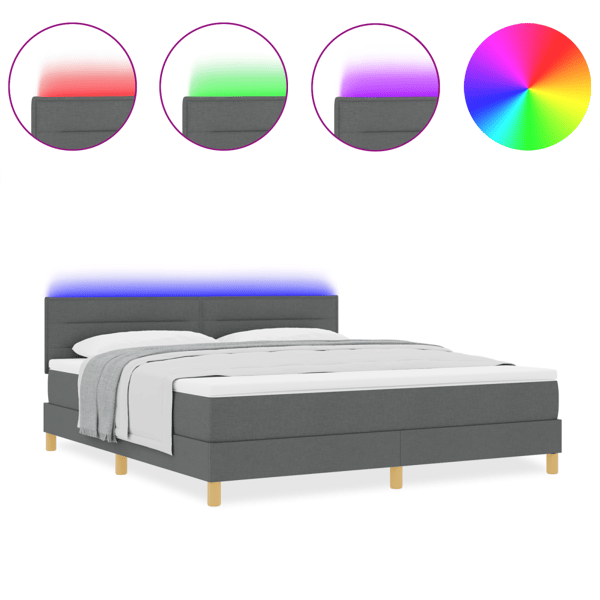 LED Box Säng med LED-ljusslingor Mörkgrå 180 x 200 cm tyg