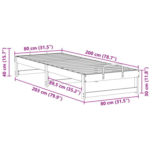 Sängram Vit 80 x 200 cm Massiv furu