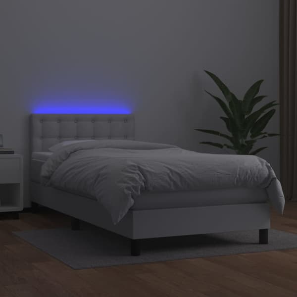 Ramsäng med madrass & LED vit 100x200 cm konstläder
