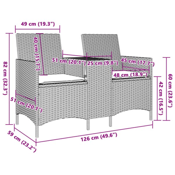 Trädgårdssoffa 2-sits med bord och dynor konstrotting grå