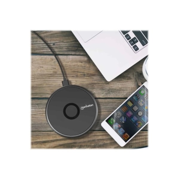 Manhattan Smartphone Wireless Charging Pad, QI certified, 10W, 7.5W and 5W charging, USB-C to USB-A cable included, USB-C input into pad, Cable 1.5m, Svart