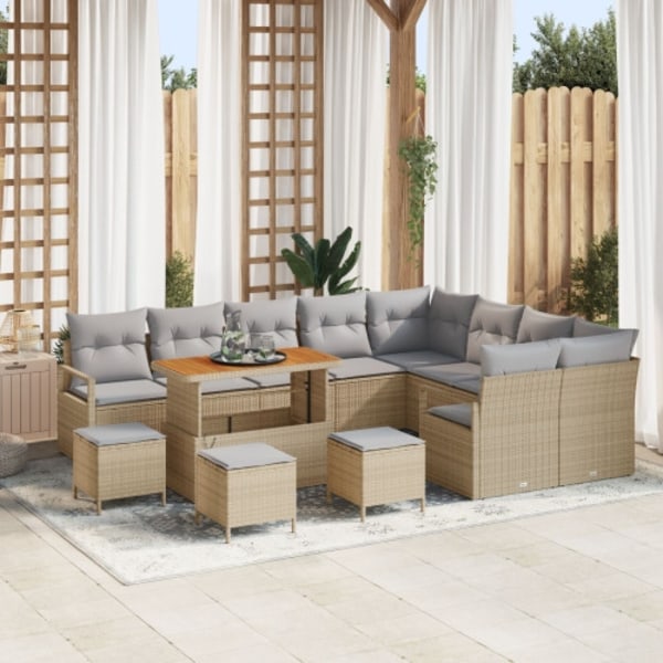 13-delat trädgårdsoffas med kuddar, beige poly rattan, akacia