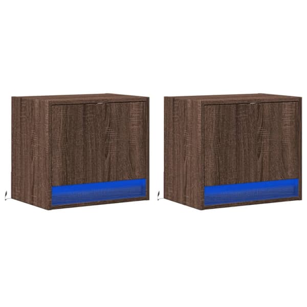 Väggmonterade sängbord med LED-lampor 2 st brun ek