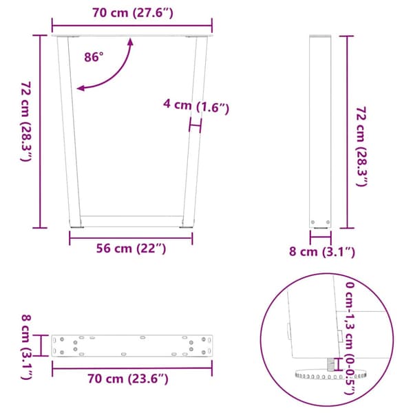 Matbordsben V-formade 2 st antracit 70x(72-73,3) cm stål