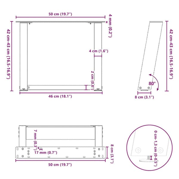 Soffbordsben U-formade 2 st svarta 50x(42-43) cm stål
