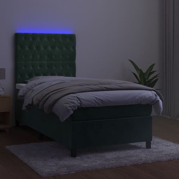 Ramsäng med madrass & LED mörkgrön 100x200 cm sammet