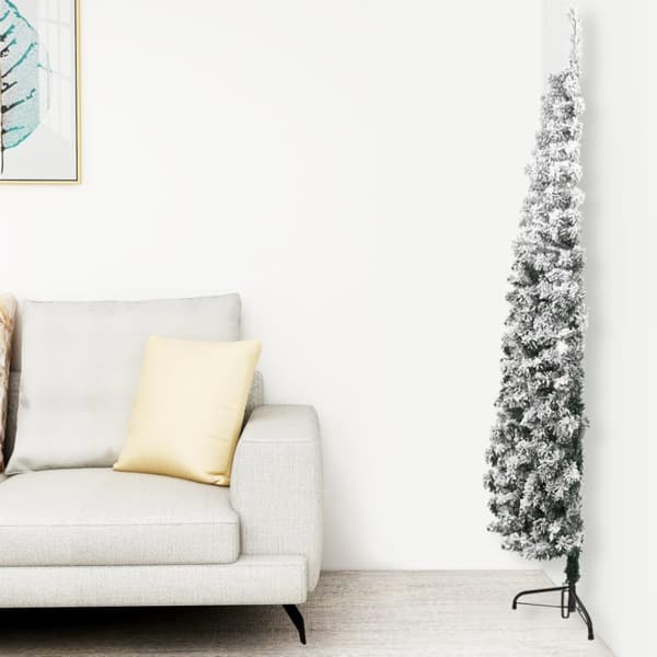Smal halv plastgran med snö 150 cm