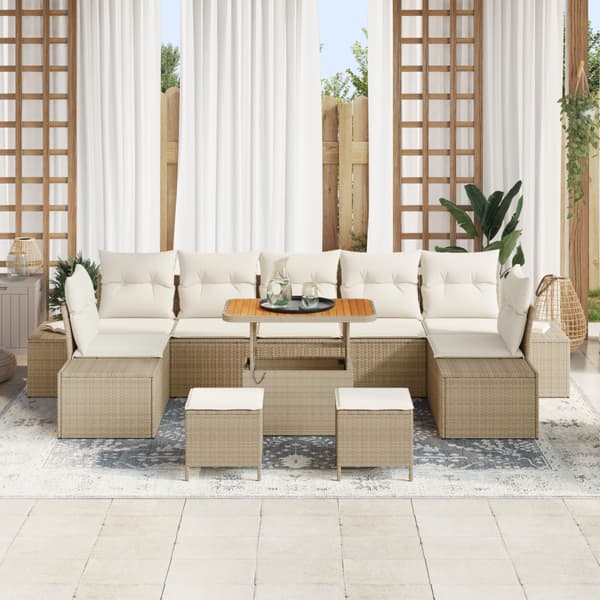 Trädgårdsoffset med kudde med lagring 10 pcs Beige Poly rattan