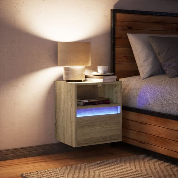 Väggmonterat sängbord med LED-lampor sonoma-ek