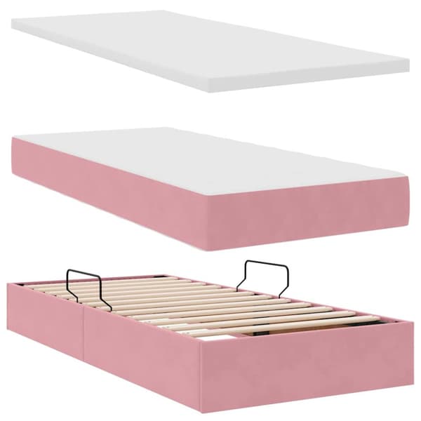 Förvaringssäng med LED med madrass Rosa 100 x 200 cm Sammet