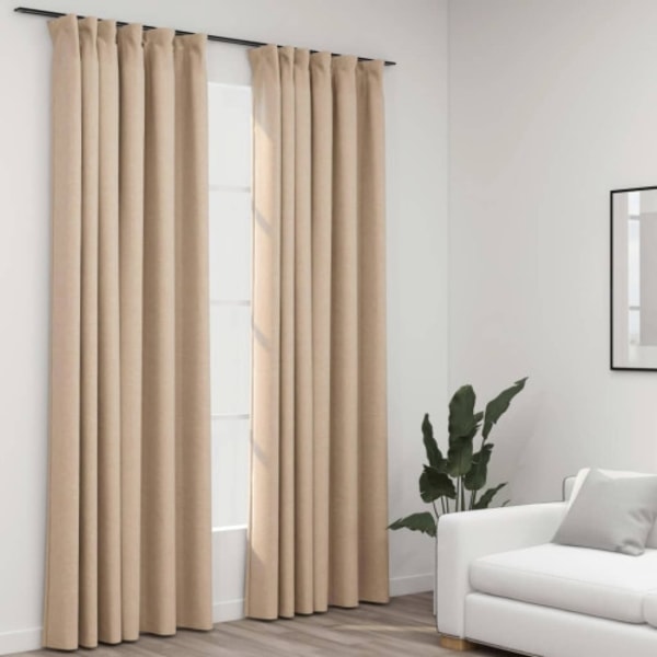 Mörkläggningsgardin med krokar linnelook 2 st beige 140x225 cm