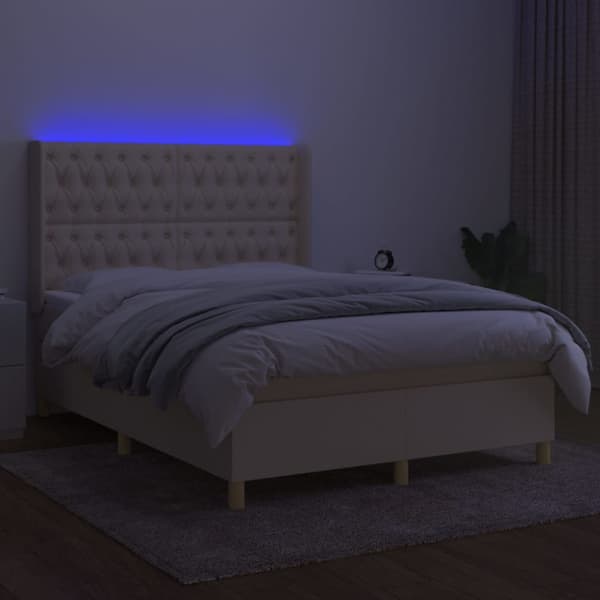 Ramsäng med madrass & LED gräddvit 140x200 cm tyg